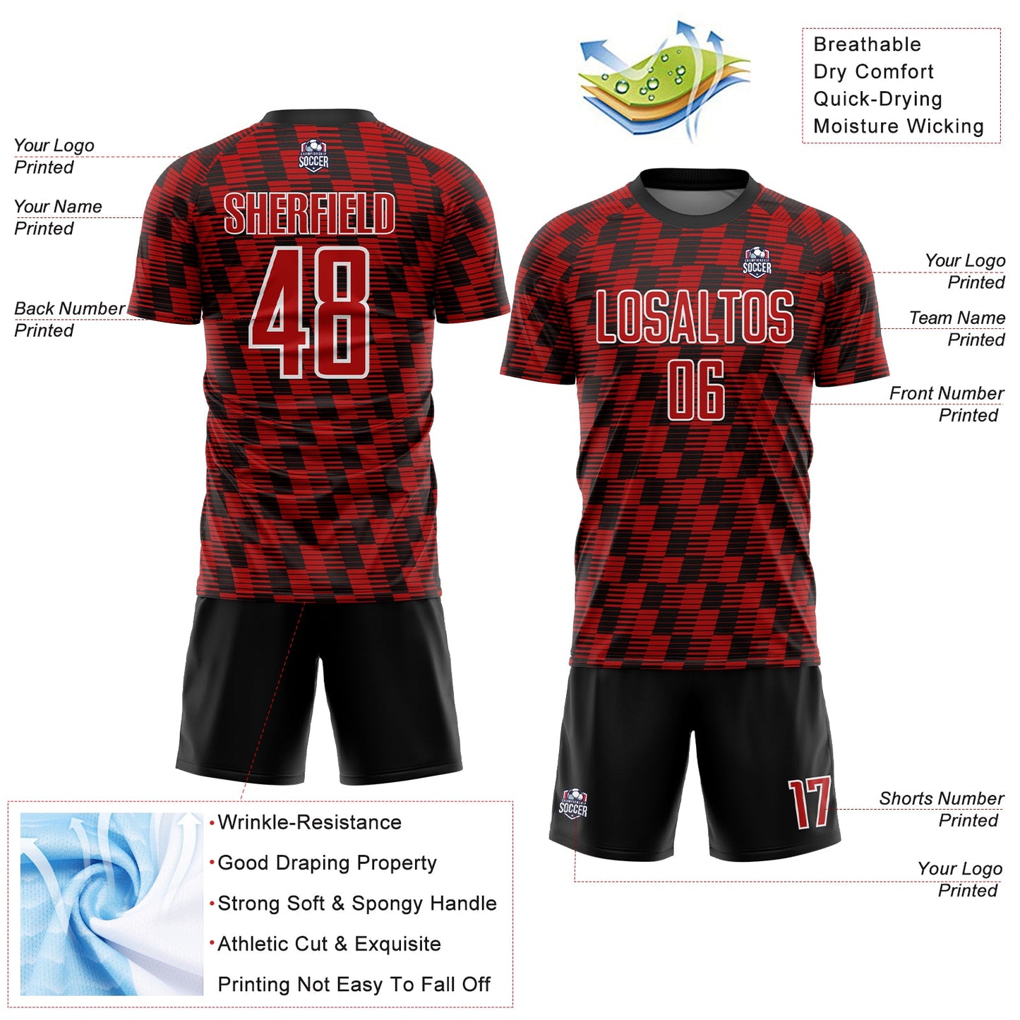 Custom Black Red-White Line Sublimation Soccer Uniform Jersey view 4