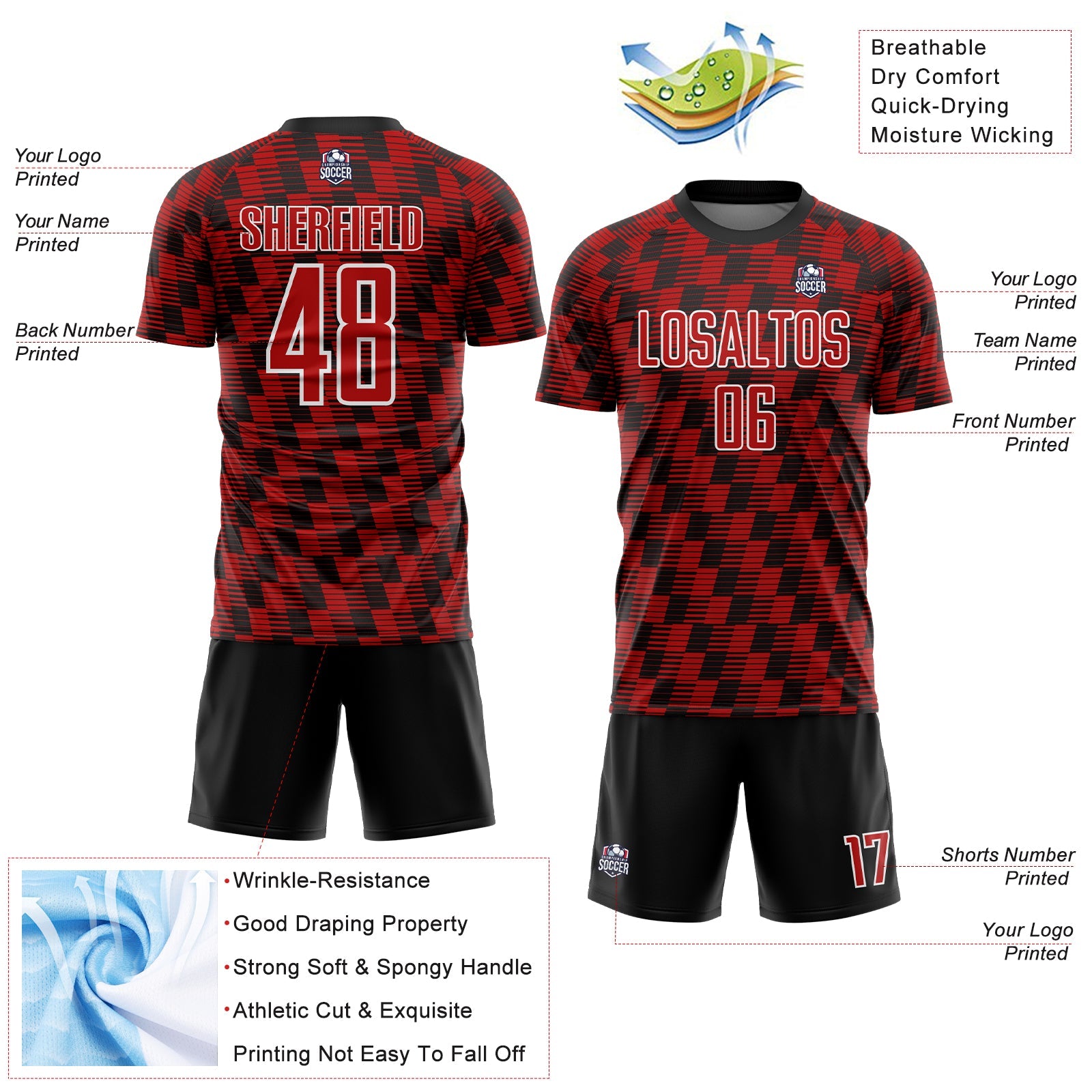 Custom Black Red-White Line Sublimation Soccer Uniform Jersey view 4