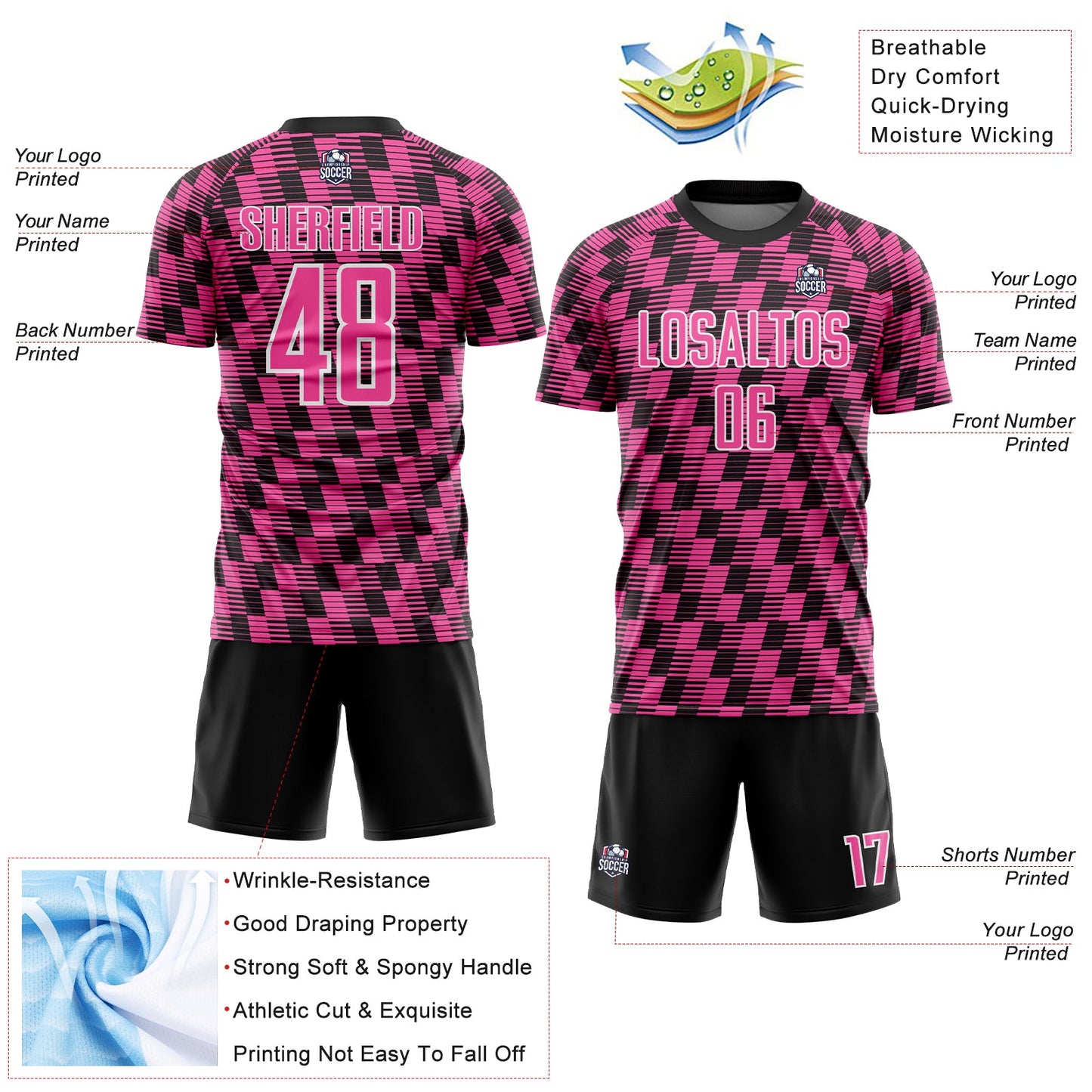 Custom Black Pink-White Line Sublimation Soccer Uniform Jersey view 4