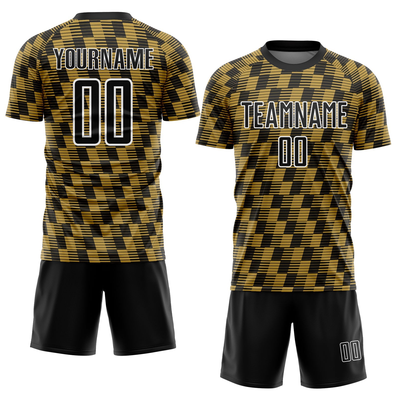 Custom Black Old Gold-White Line Sublimation Soccer Uniform Jersey view 2