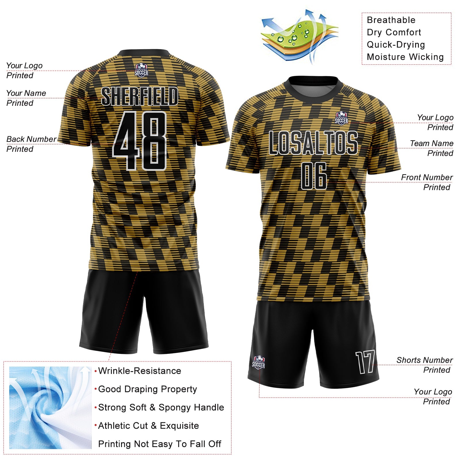 Custom Black Old Gold-White Line Sublimation Soccer Uniform Jersey view 4