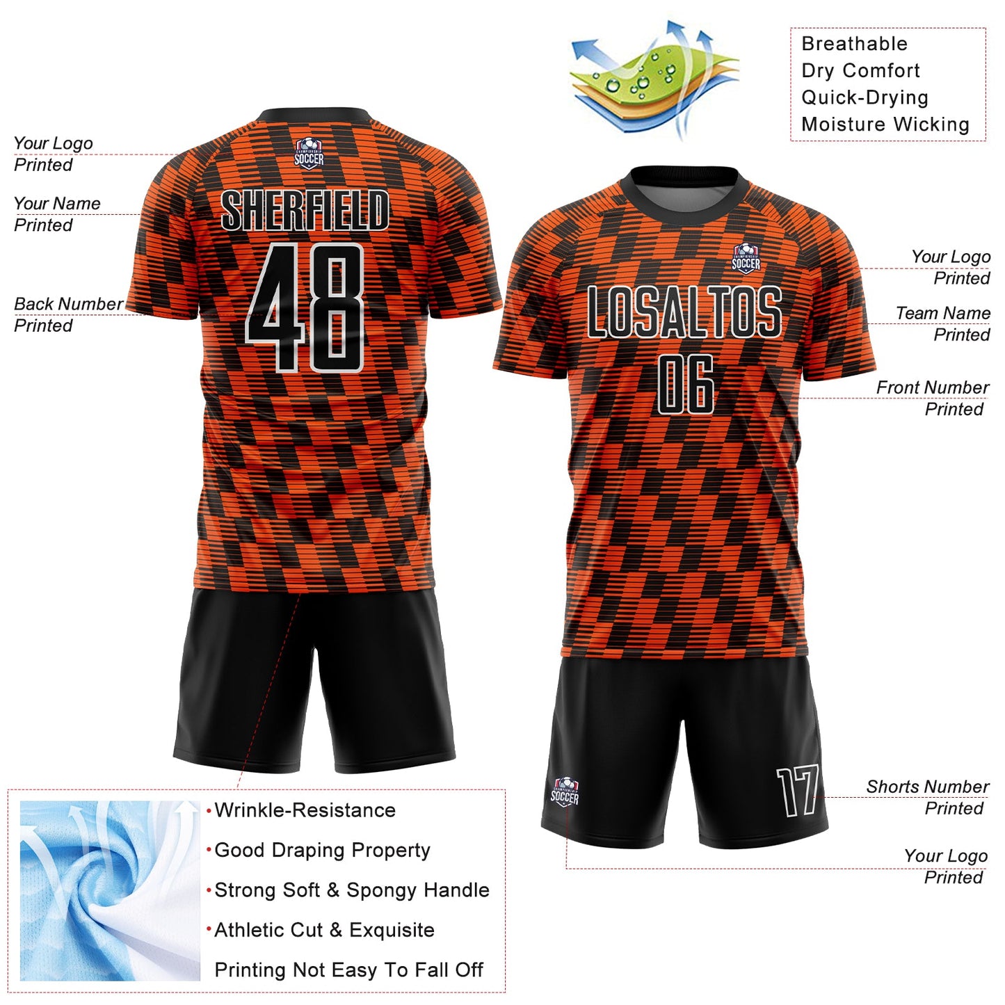 Custom Black Orange-White Line Sublimation Soccer Uniform Jersey view 4
