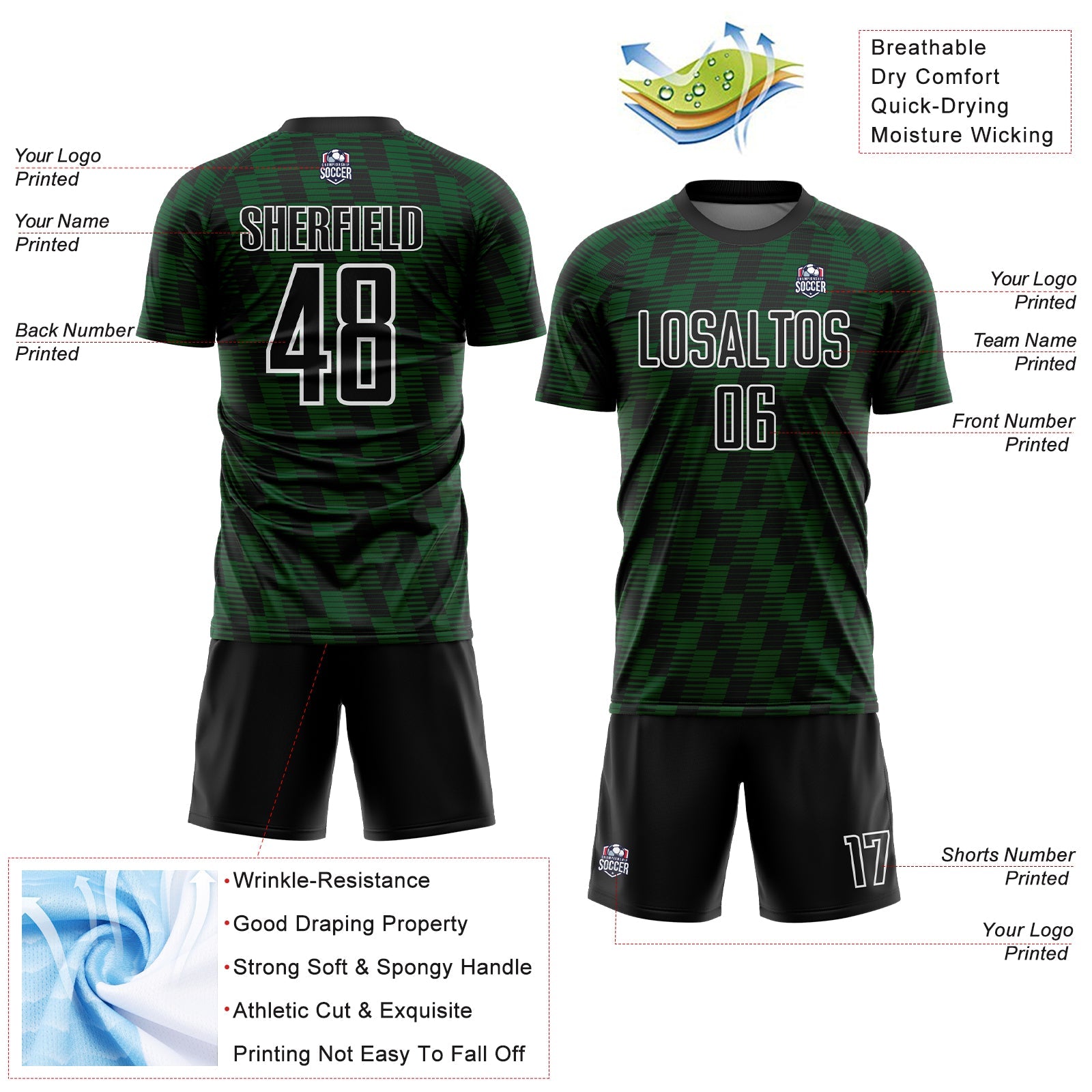 Custom Black Green-White Line Sublimation Soccer Uniform Jersey view 4