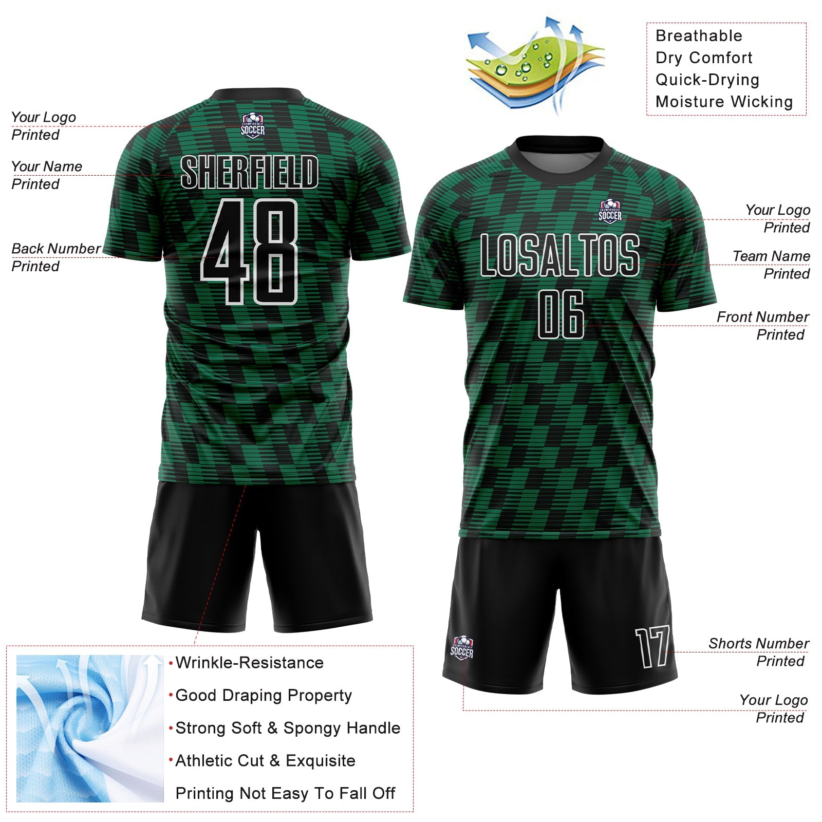 Custom Black Kelly Green-White Line Sublimation Soccer Uniform Jersey view 4