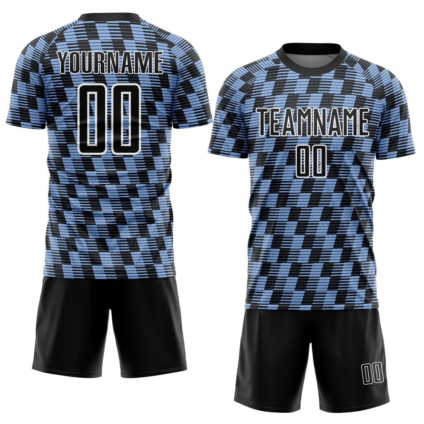 Custom Black Light Blue-White Line Sublimation Soccer Uniform Jersey view 2