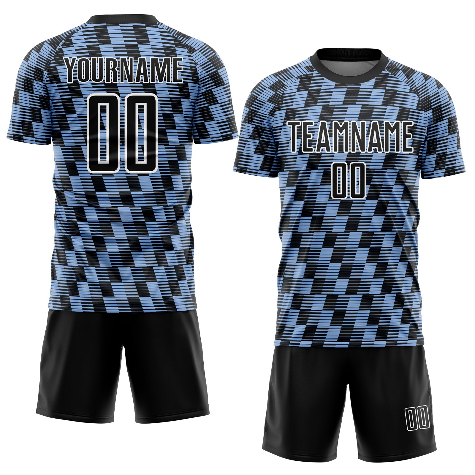 Custom Black Light Blue-White Line Sublimation Soccer Uniform Jersey view 2