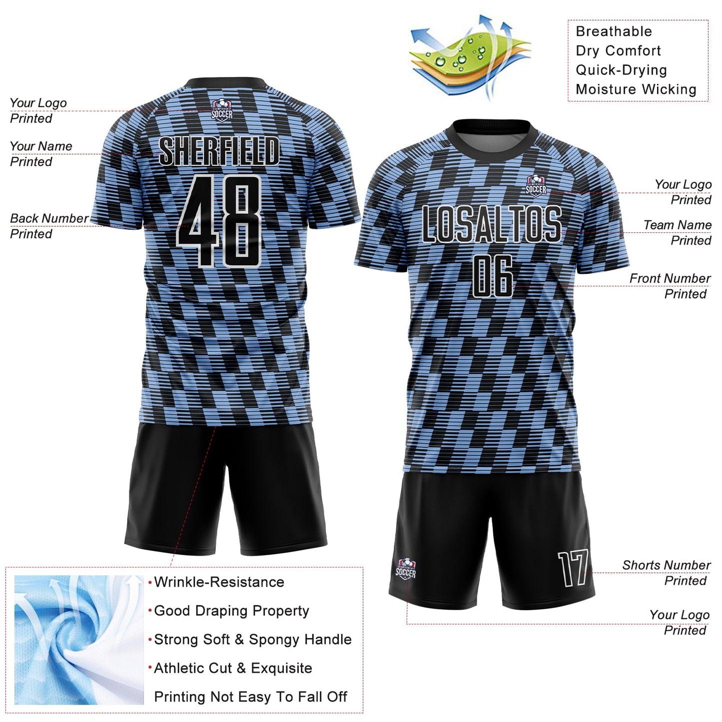 Custom Black Light Blue-White Line Sublimation Soccer Uniform Jersey view 4