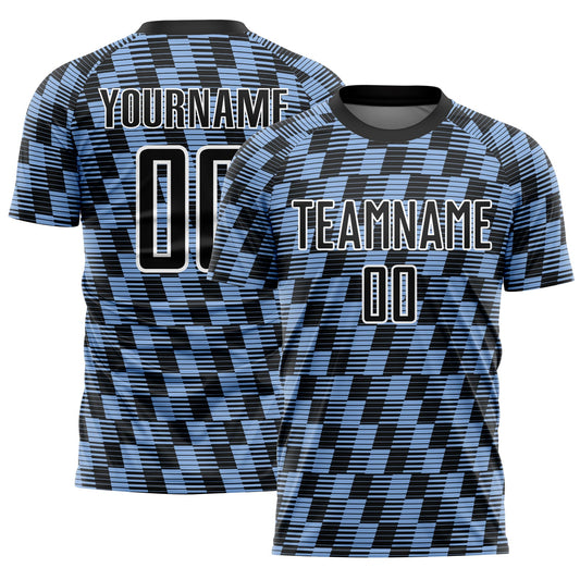 Custom Black Light Blue-White Line Sublimation Soccer Uniform Jersey - Main View