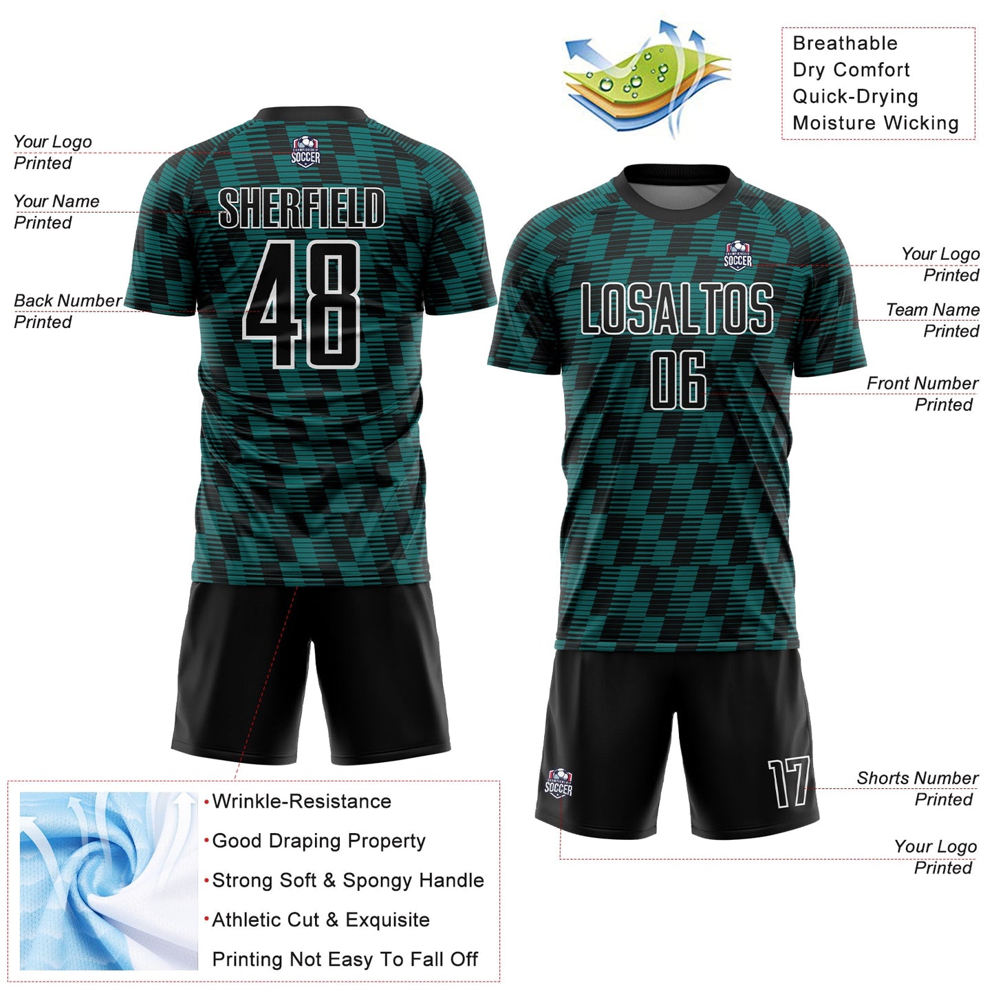 Custom Black Teal-White Line Sublimation Soccer Uniform Jersey view 4