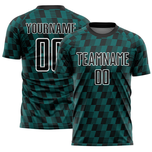 Custom Black Teal-White Line Sublimation Soccer Uniform Jersey - Main View