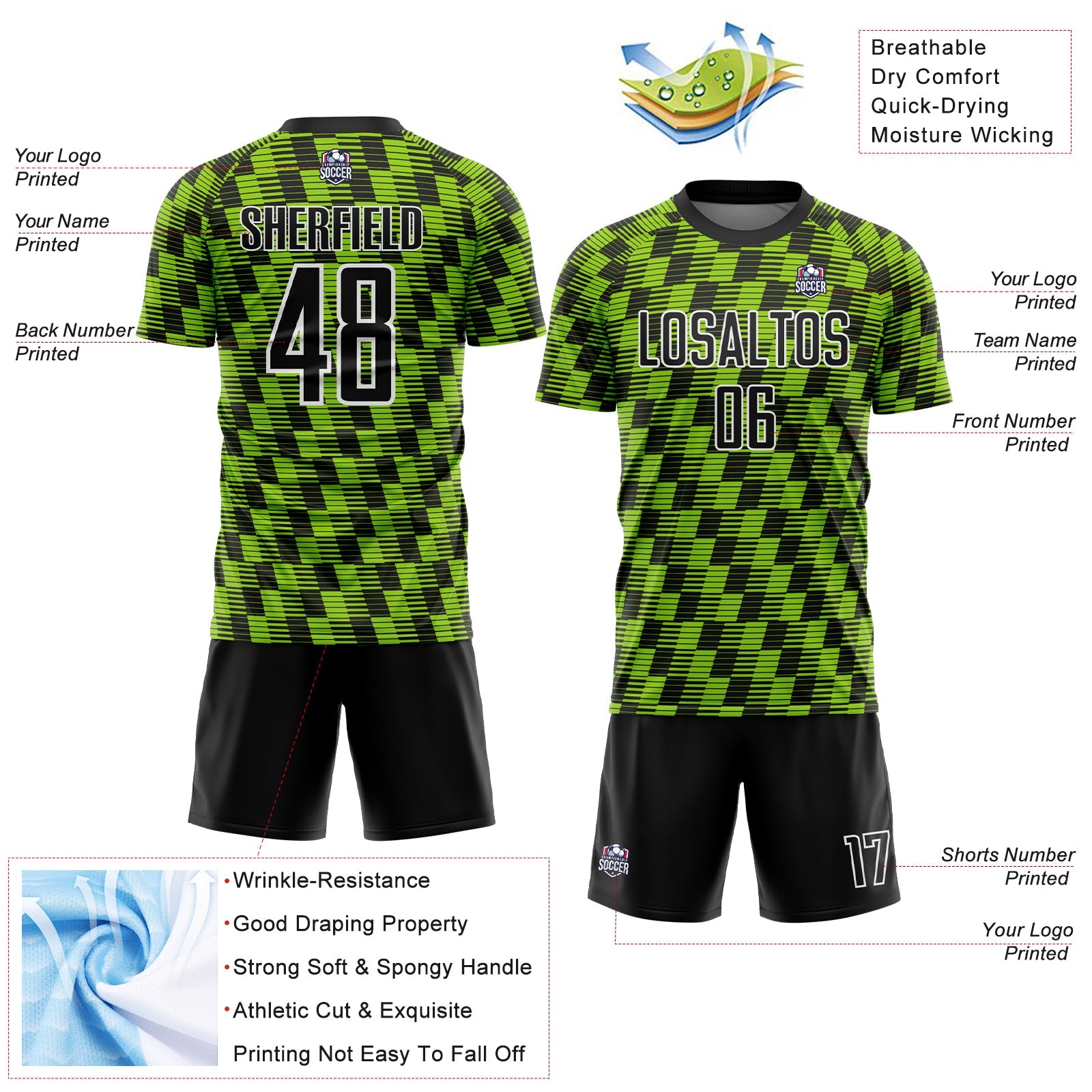 Custom Black Neon Green-White Line Sublimation Soccer Uniform Jersey view 4