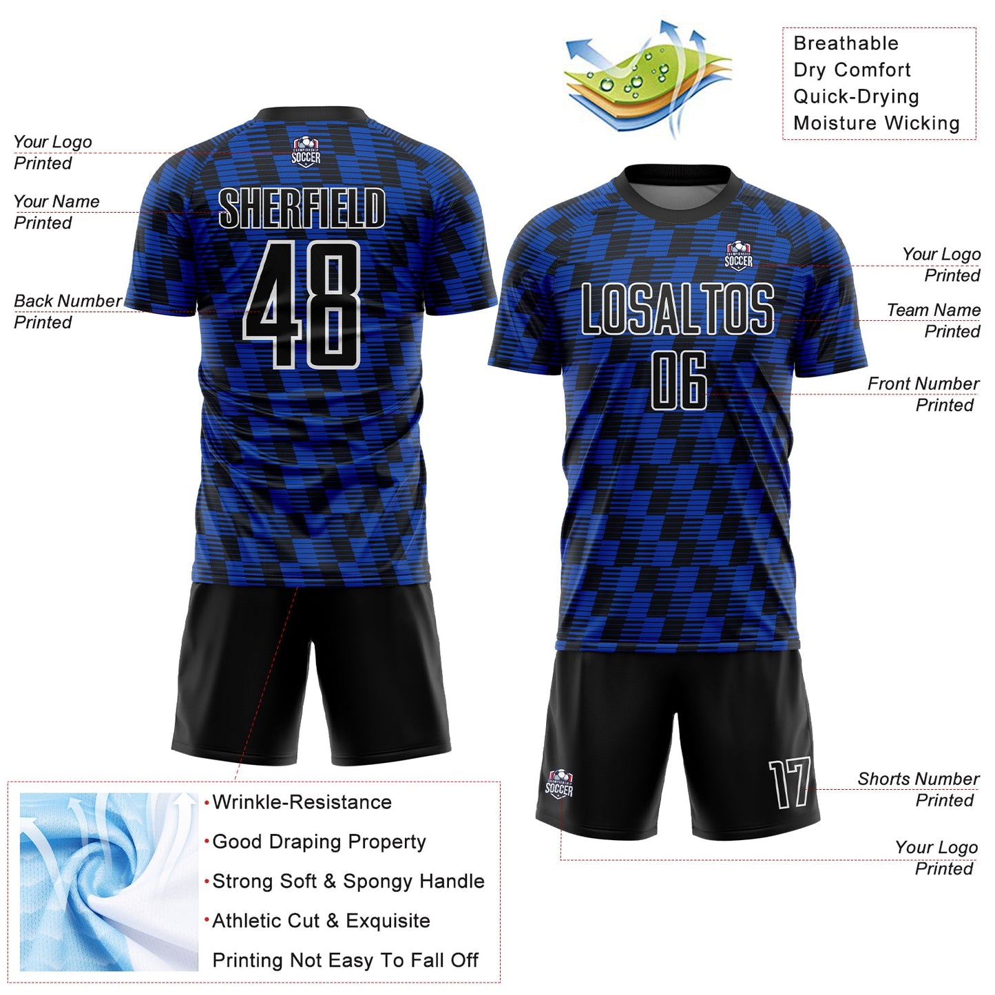 Custom Black Thunder Blue-White Line Sublimation Soccer Uniform Jersey view 4