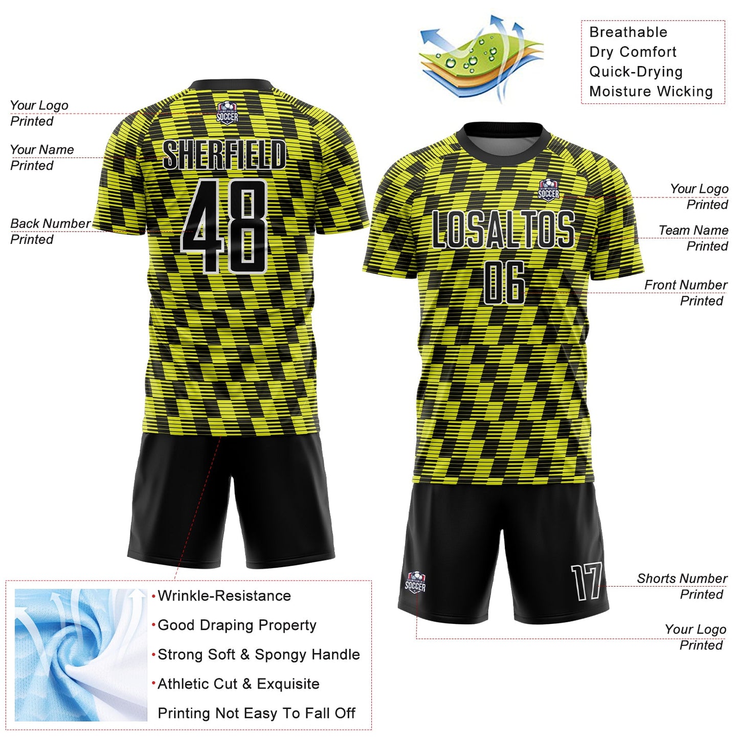 Custom Black Neon Yellow-White Line Sublimation Soccer Uniform Jersey view 4