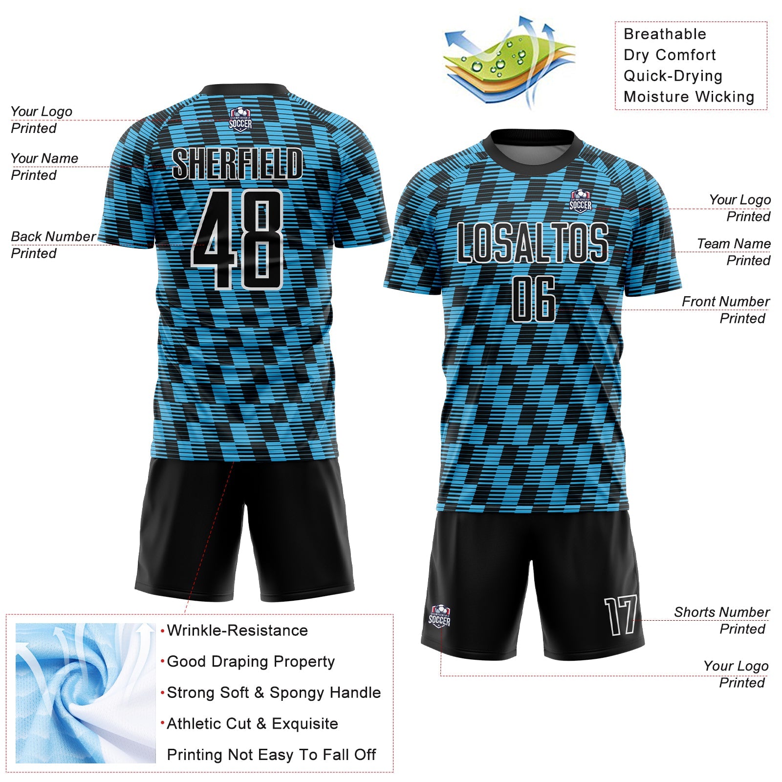 Custom Black Sky Blue-White Line Sublimation Soccer Uniform Jersey view 4