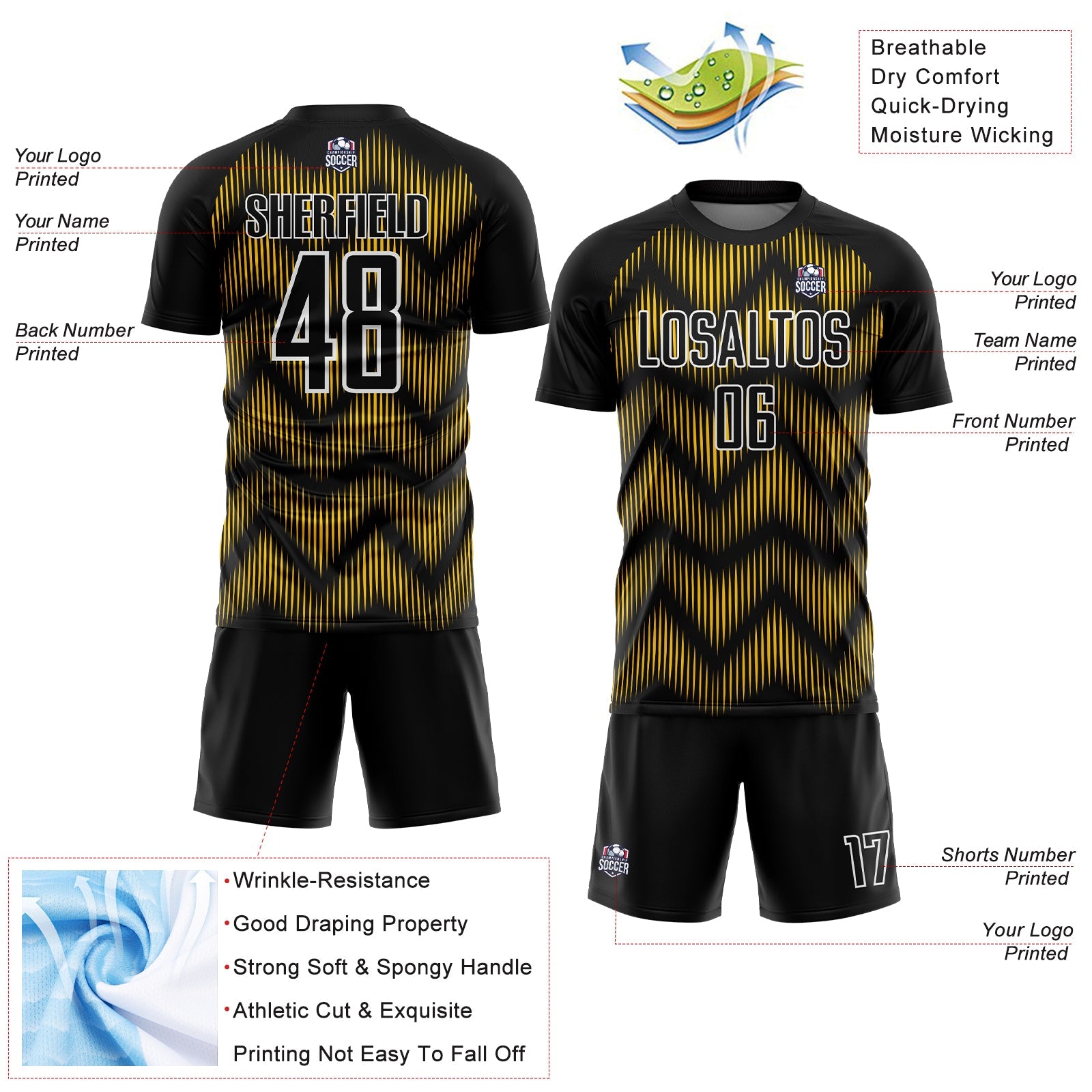 Custom Black Yellow-White Line Sublimation Soccer Uniform Jersey view 4