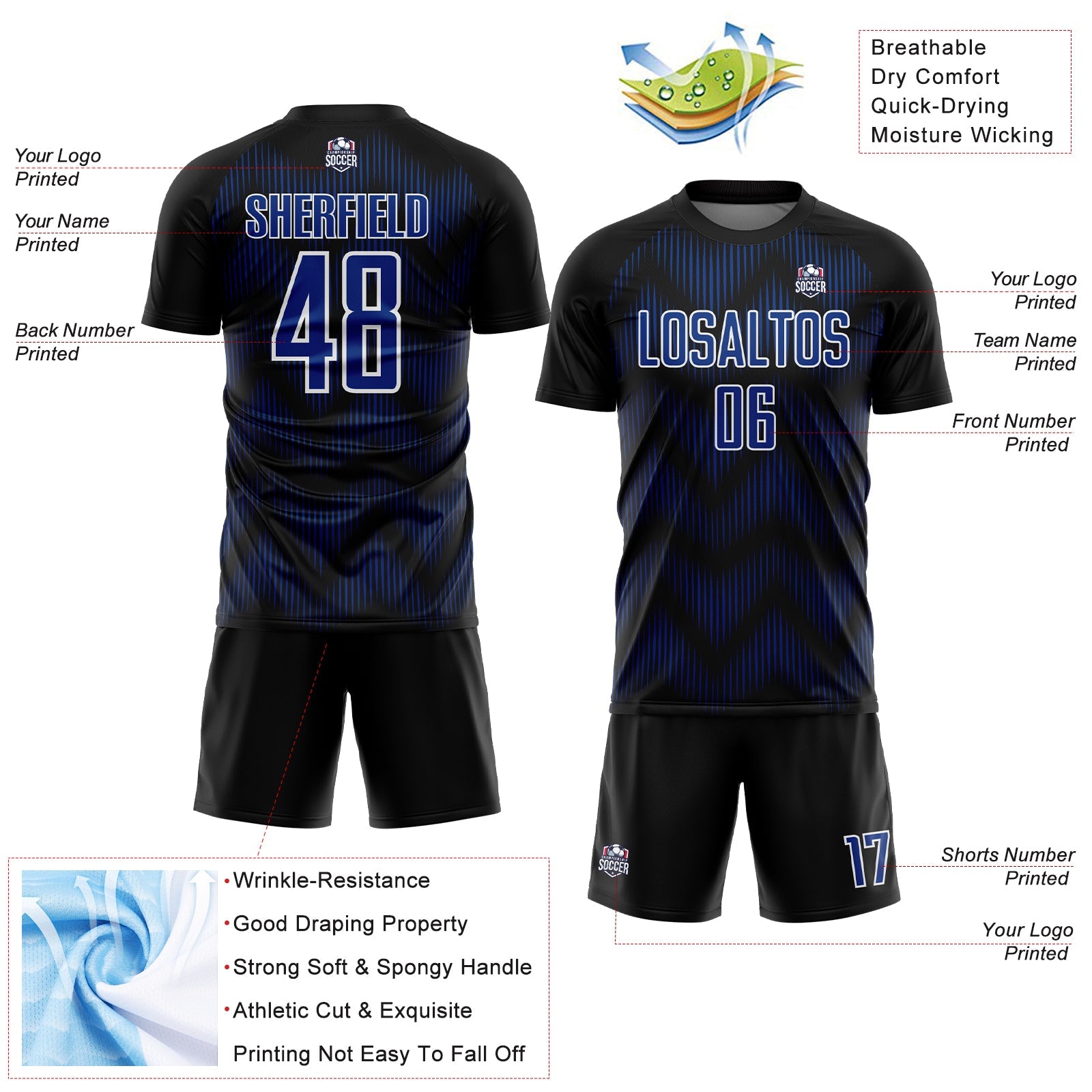 Custom Black Royal-White Line Sublimation Soccer Uniform Jersey view 4