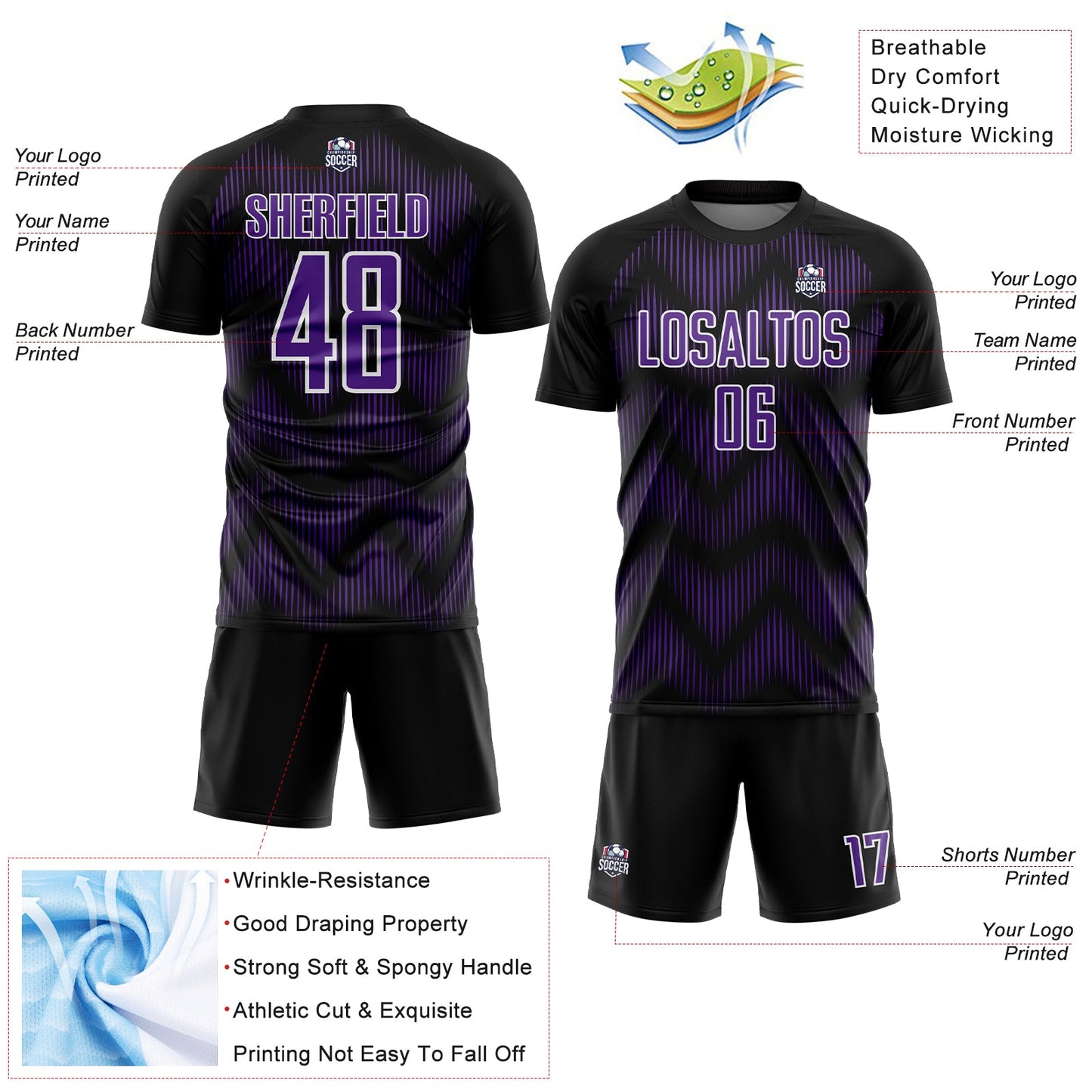 Custom Black Purple-White Line Sublimation Soccer Uniform Jersey view 4