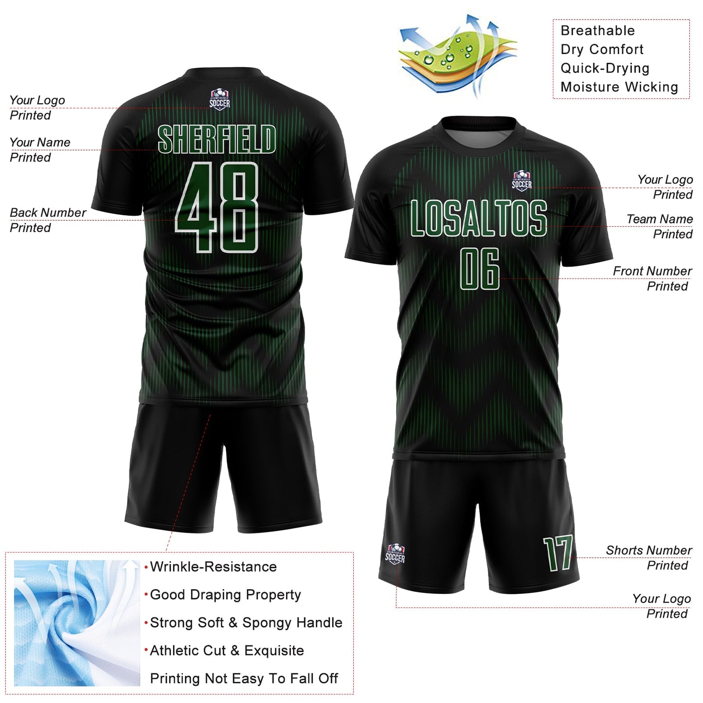 Custom Black Green-White Line Sublimation Soccer Uniform Jersey view 4