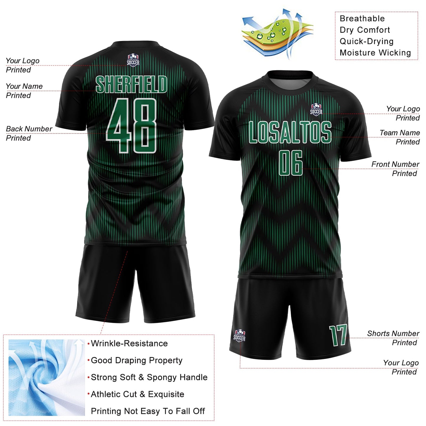 Custom Black Kelly Green-White Line Sublimation Soccer Uniform Jersey view 4