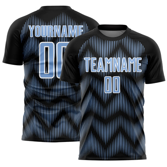Custom Black Light Blue-White Line Sublimation Soccer Uniform Jersey - Main View