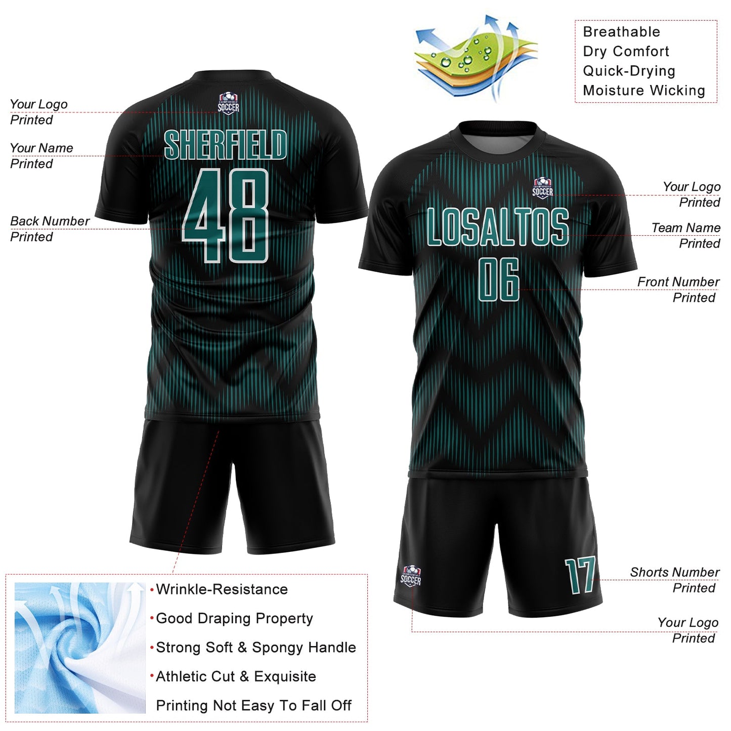 Custom Black Teal-White Line Sublimation Soccer Uniform Jersey view 4