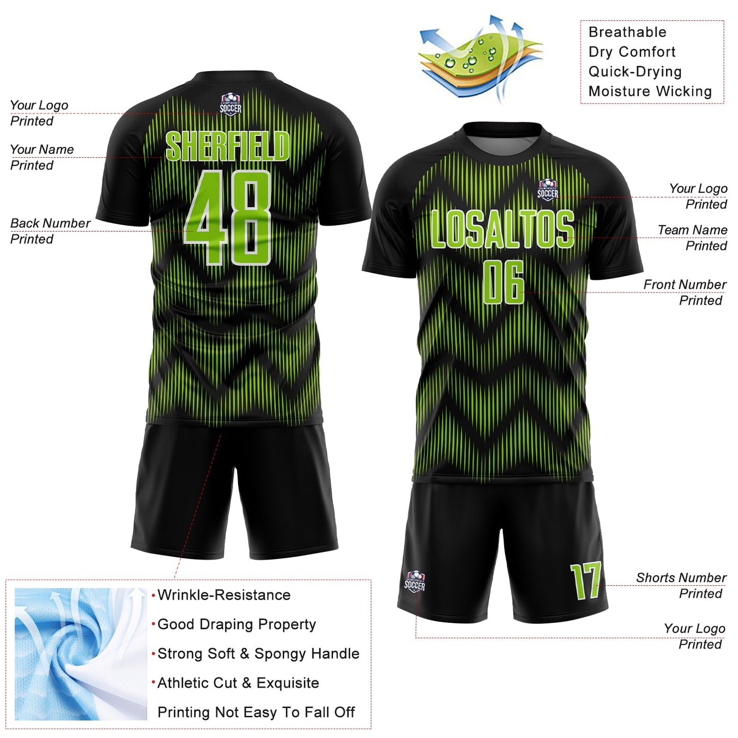 Custom Black Neon Green-White Line Sublimation Soccer Uniform Jersey view 4