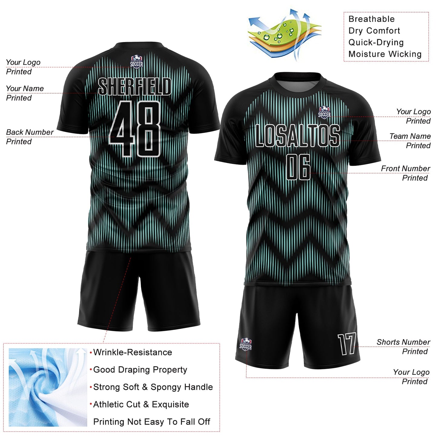 Custom Black Ice Blue-White Line Sublimation Soccer Uniform Jersey view 4