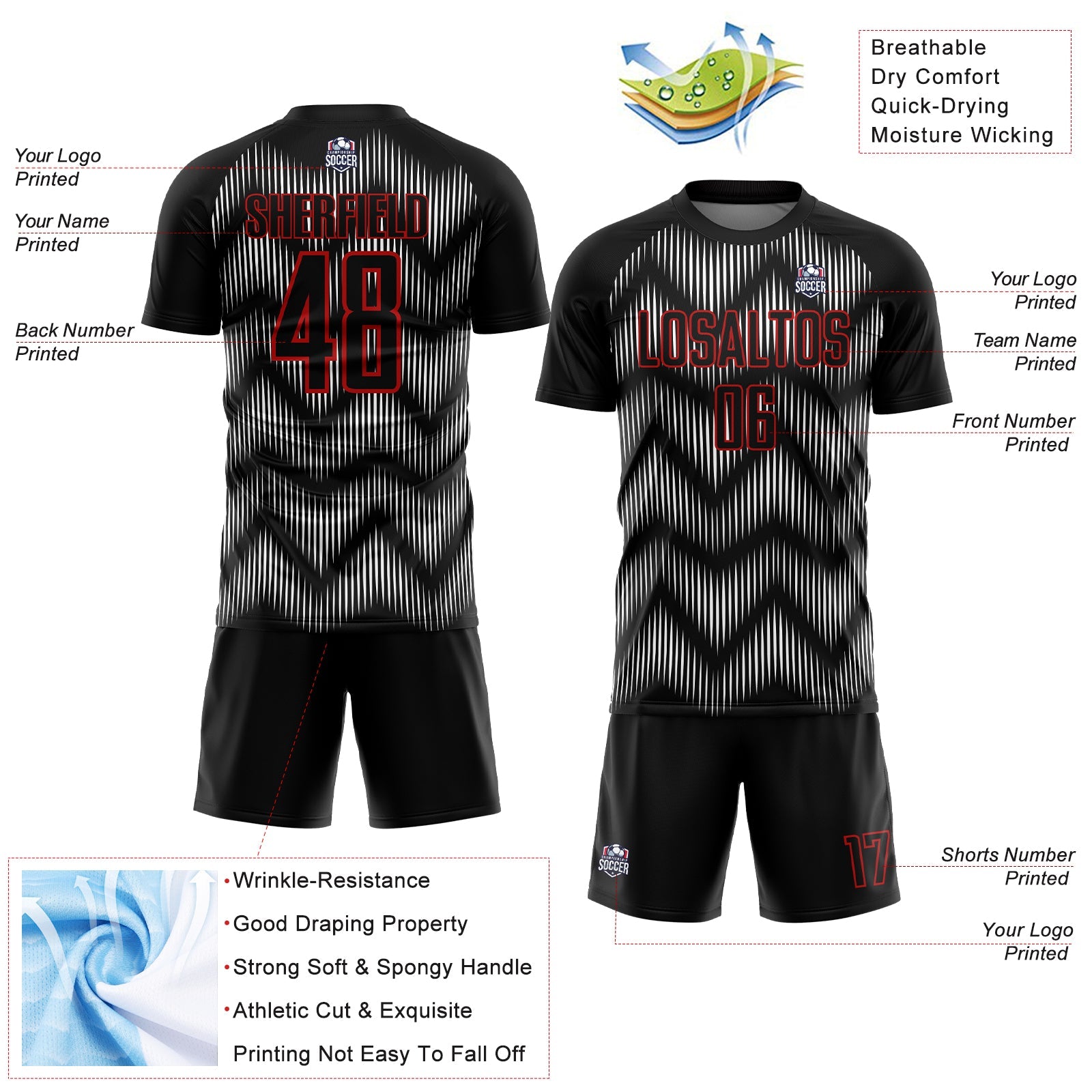 Custom Black Red-White Line Sublimation Soccer Uniform Jersey view 4