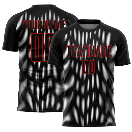 Custom Black Red-White Line Sublimation Soccer Uniform Jersey - Main View