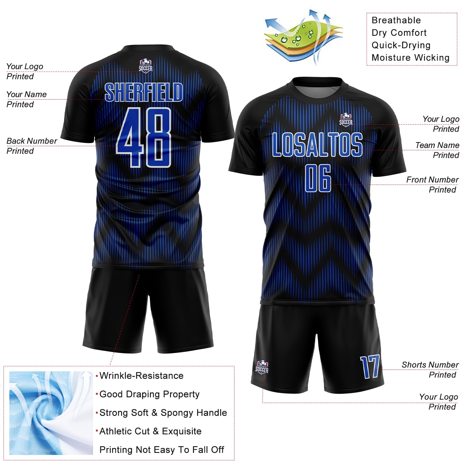 Custom Black Thunder Blue-White Line Sublimation Soccer Uniform Jersey view 4