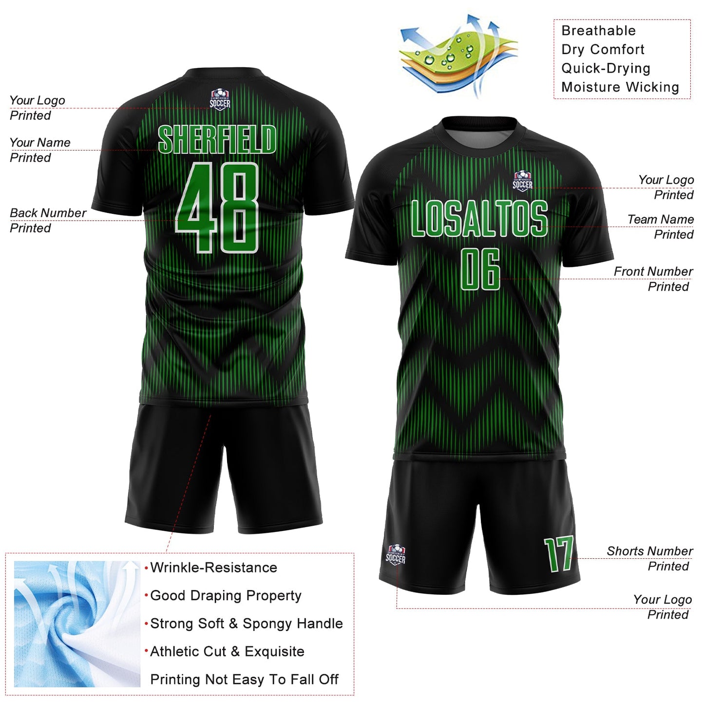 Custom Black Grass Green-White Line Sublimation Soccer Uniform Jersey view 4