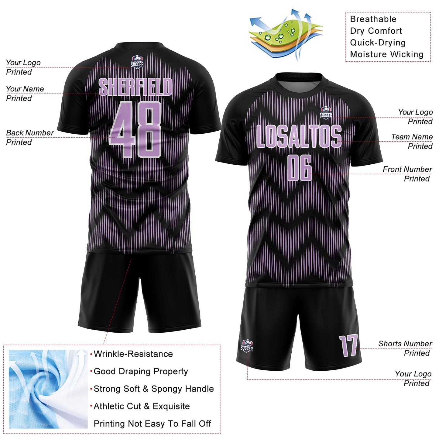 Custom Black Light Purple-White Line Sublimation Soccer Uniform Jersey view 4