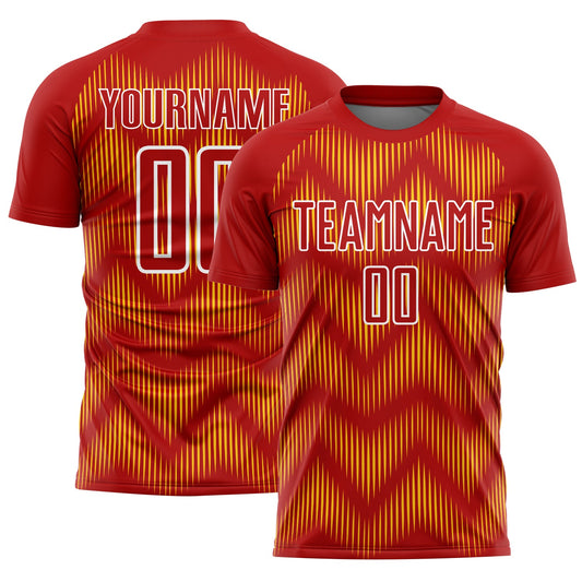 Custom Red Yellow-White Line Sublimation Soccer Uniform Jersey - Main View