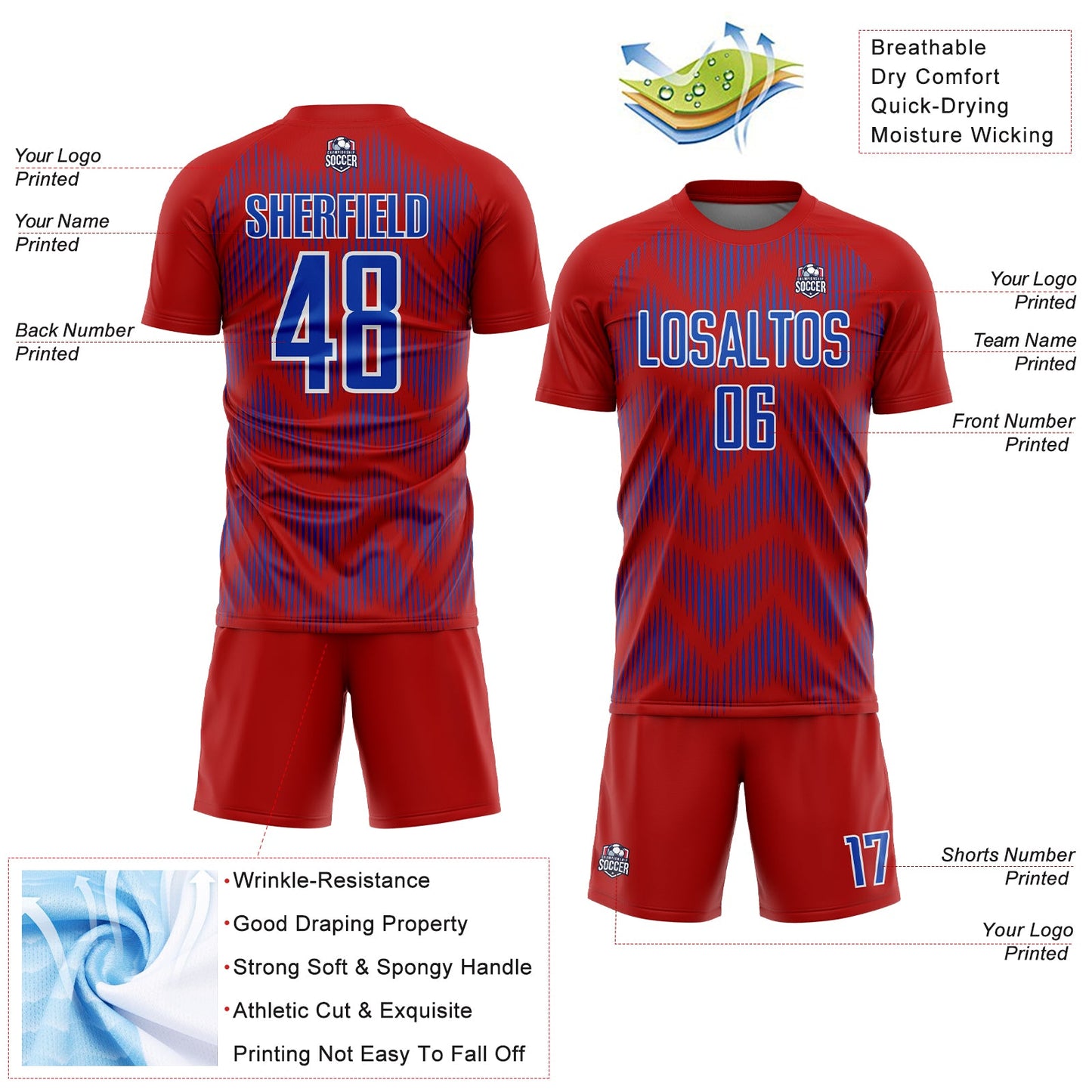 Custom Red Thunder Blue-White Line Sublimation Soccer Uniform Jersey view 4