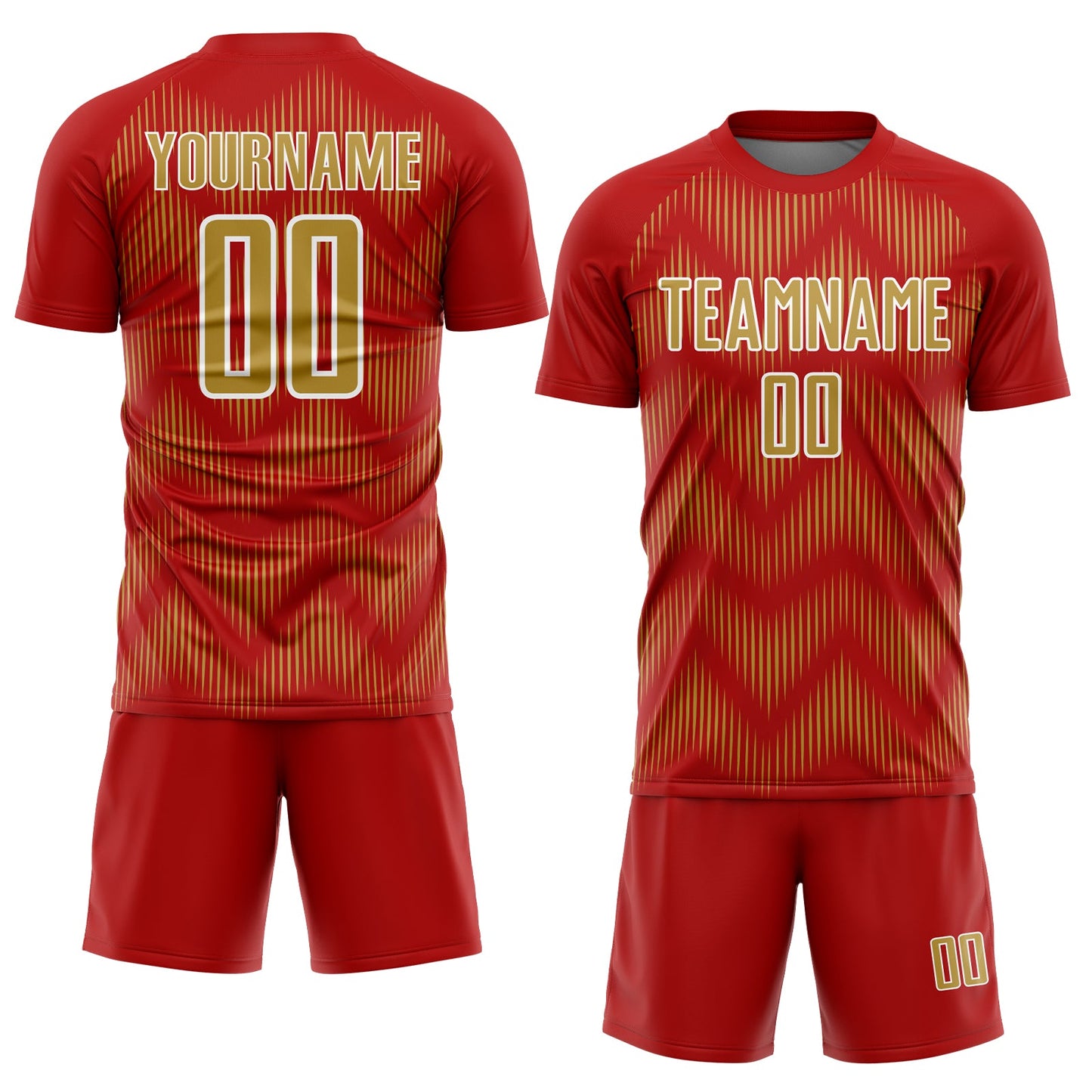 Custom Red Old Gold-White Line Sublimation Soccer Uniform Jersey view 2