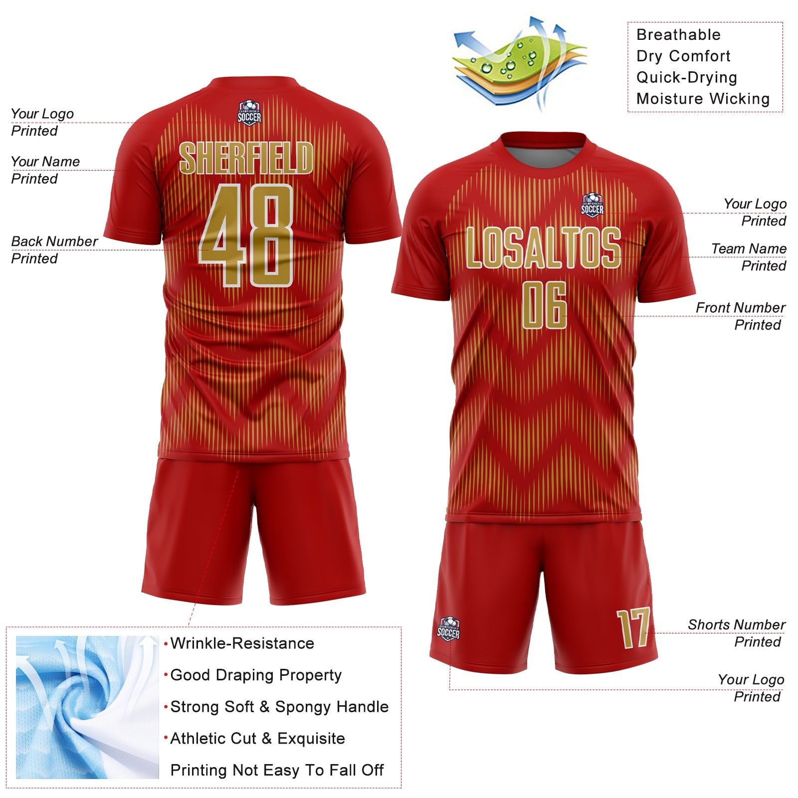 Custom Red Old Gold-White Line Sublimation Soccer Uniform Jersey view 4