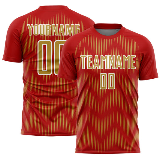 Custom Red Old Gold-White Line Sublimation Soccer Uniform Jersey - Main View