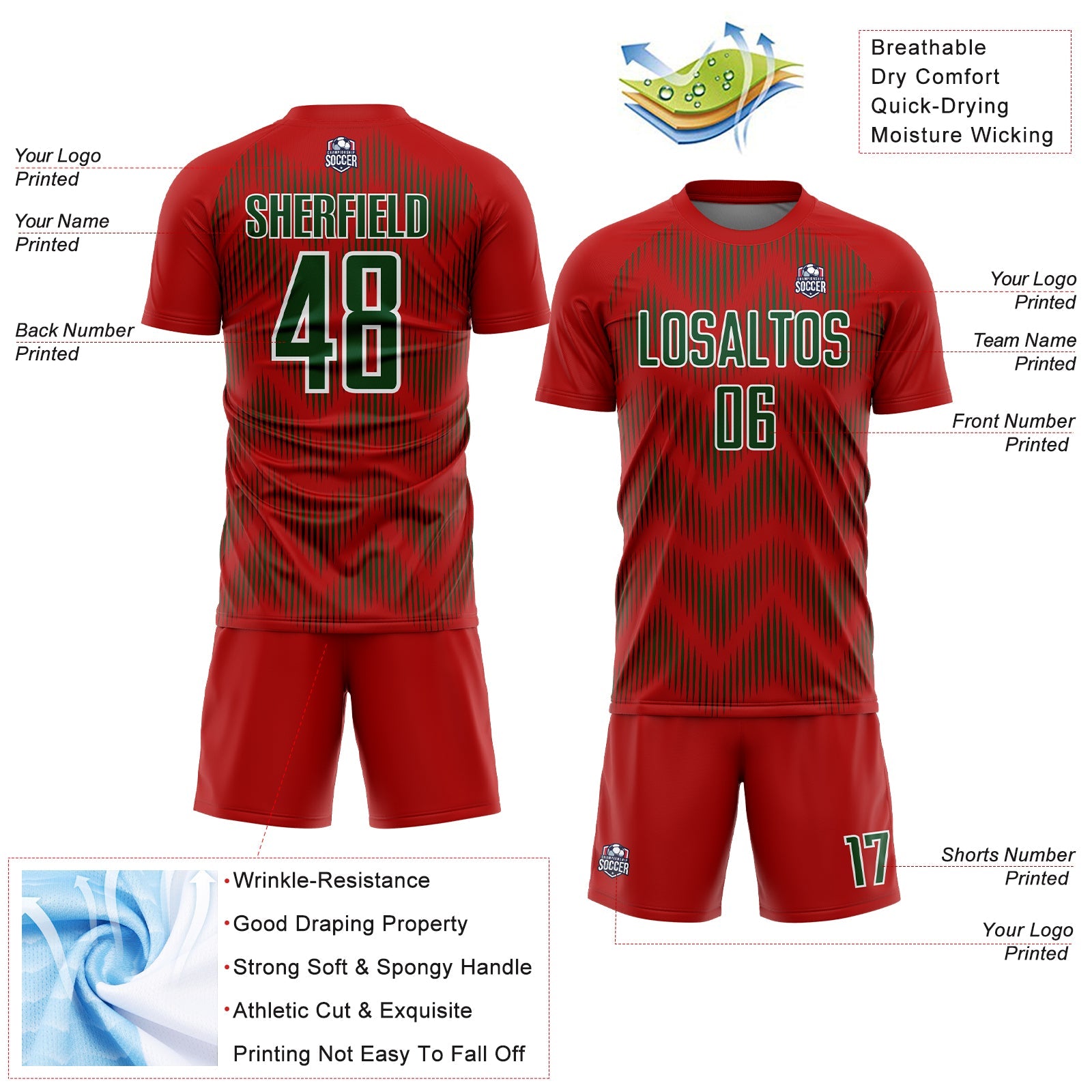 Custom Red Green-White Line Sublimation Soccer Uniform Jersey view 4