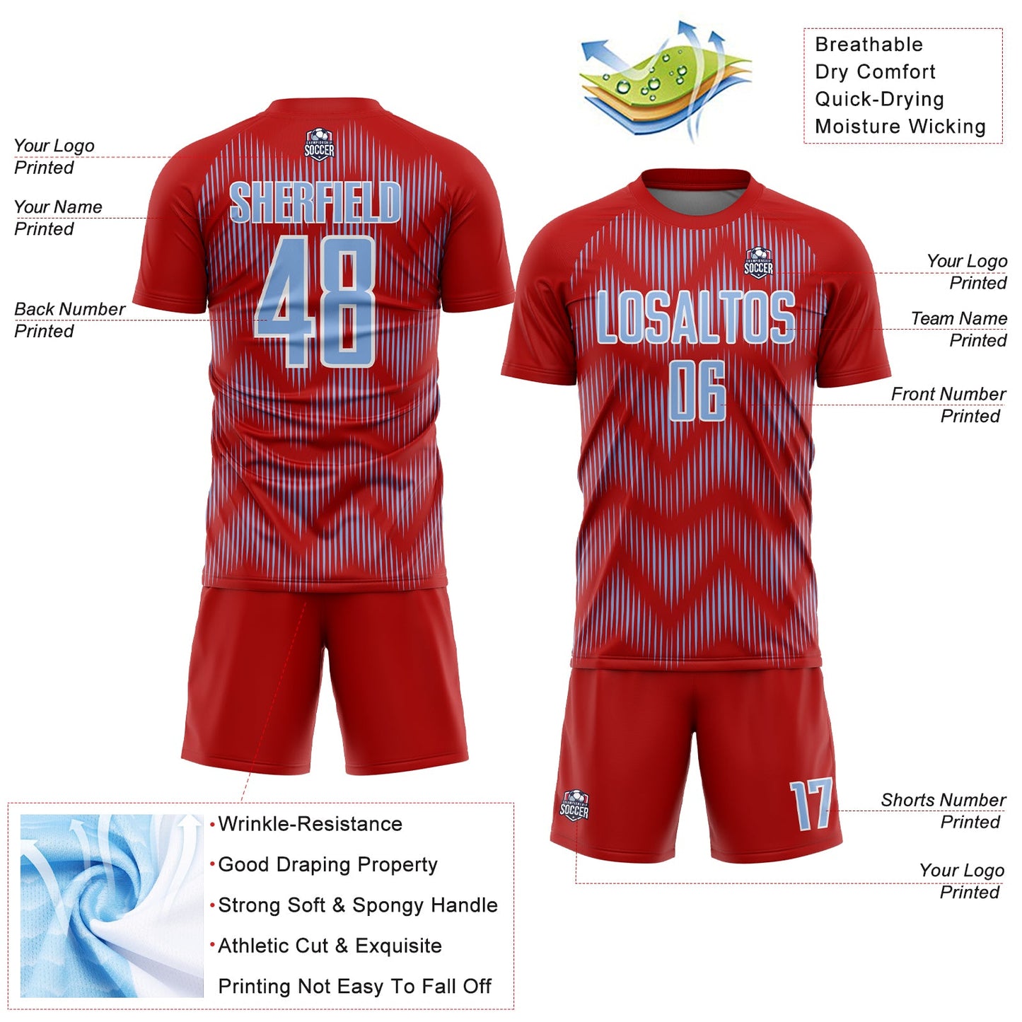 Custom Red Light Blue-White Line Sublimation Soccer Uniform Jersey view 4