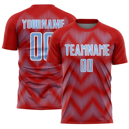 Custom Red Light Blue-White Line Sublimation Soccer Uniform Jersey - Main View