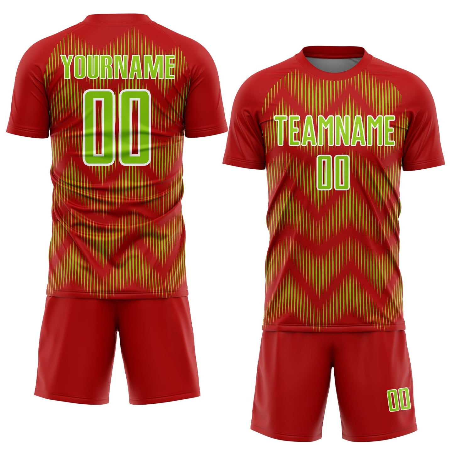Custom Red Neon Green-White Line Sublimation Soccer Uniform Jersey view 2