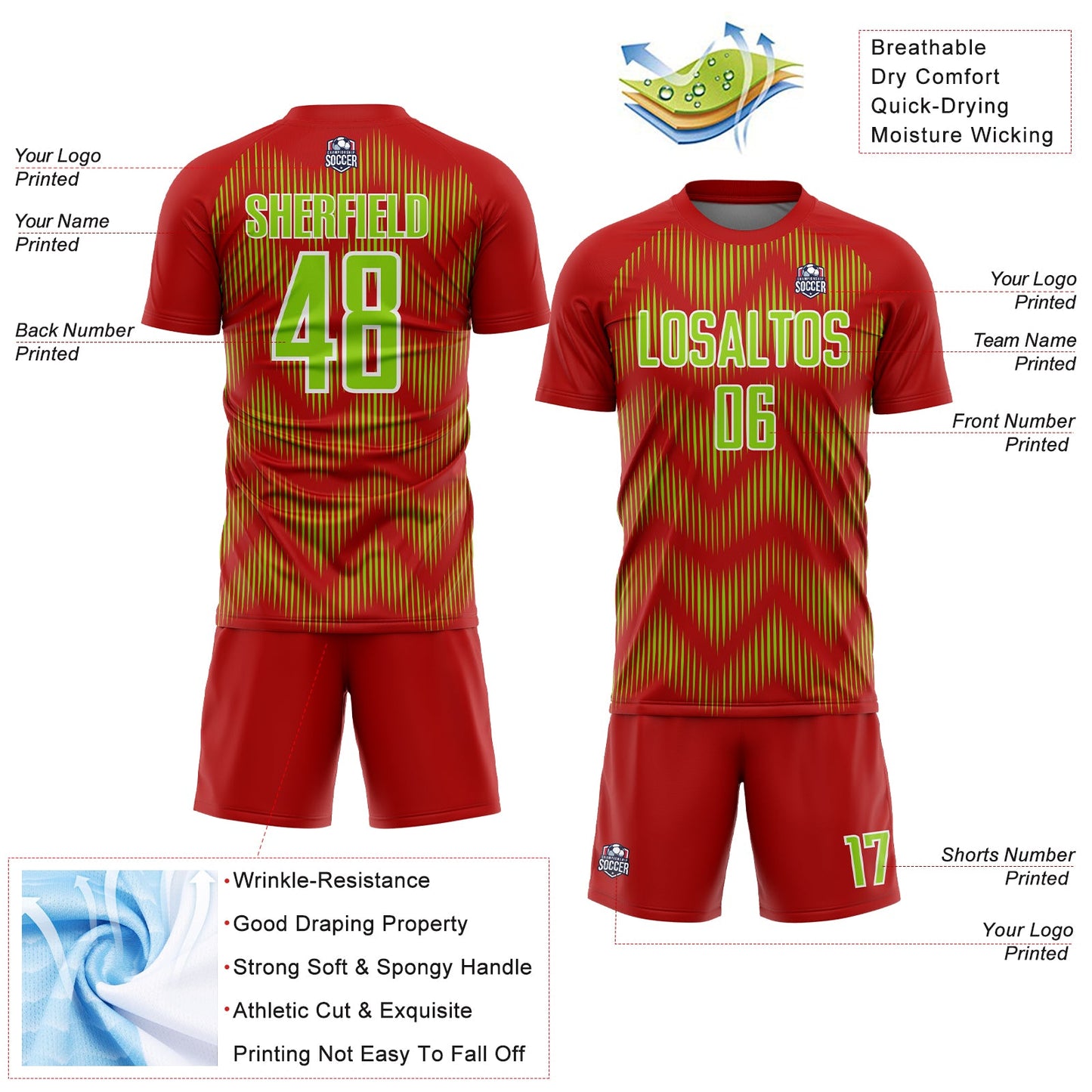 Custom Red Neon Green-White Line Sublimation Soccer Uniform Jersey view 4