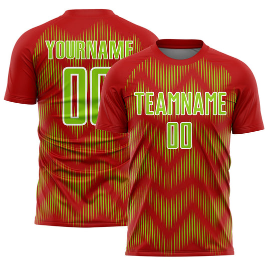 Custom Red Neon Green-White Line Sublimation Soccer Uniform Jersey - Main View
