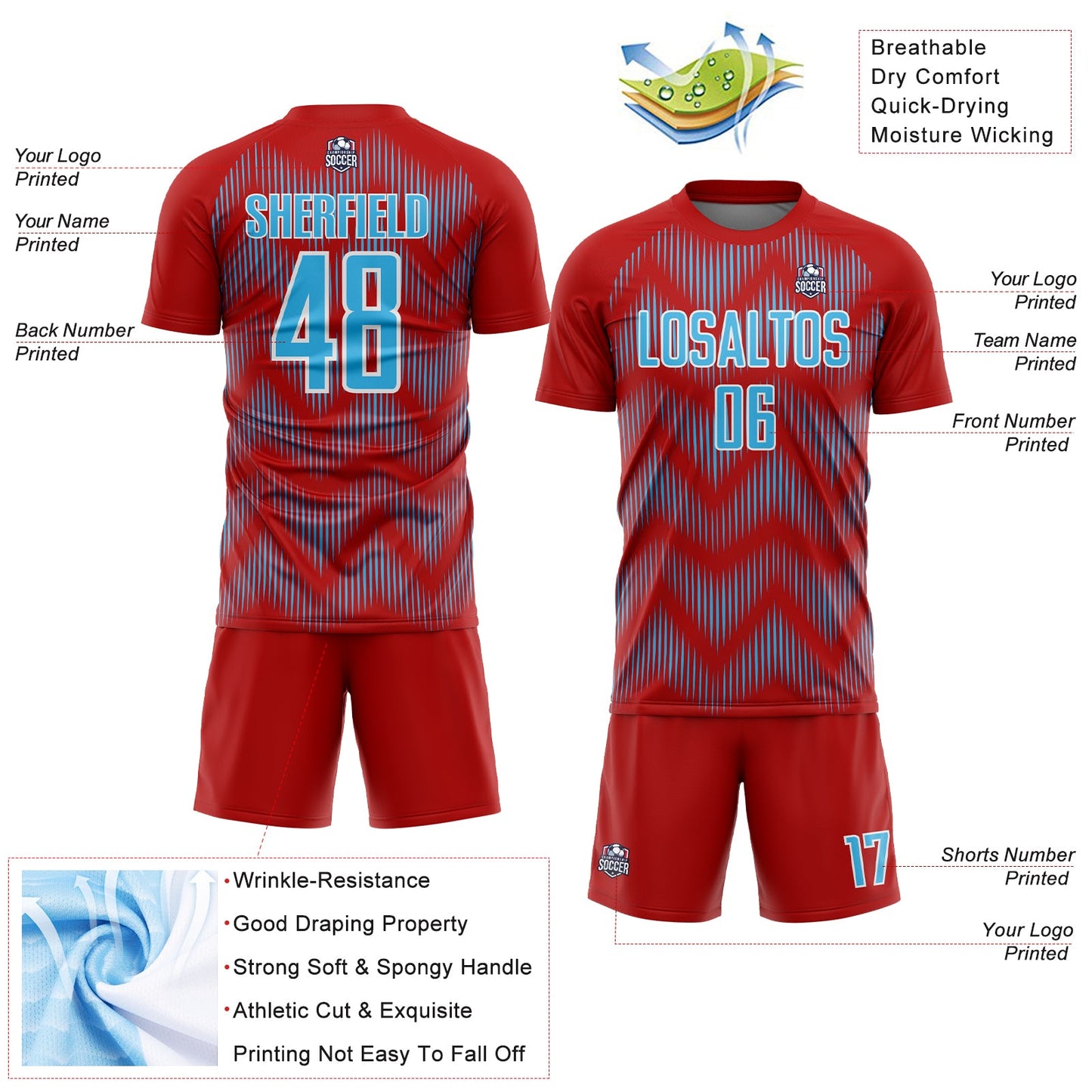 Custom Red Sky Blue-White Line Sublimation Soccer Uniform Jersey view 4
