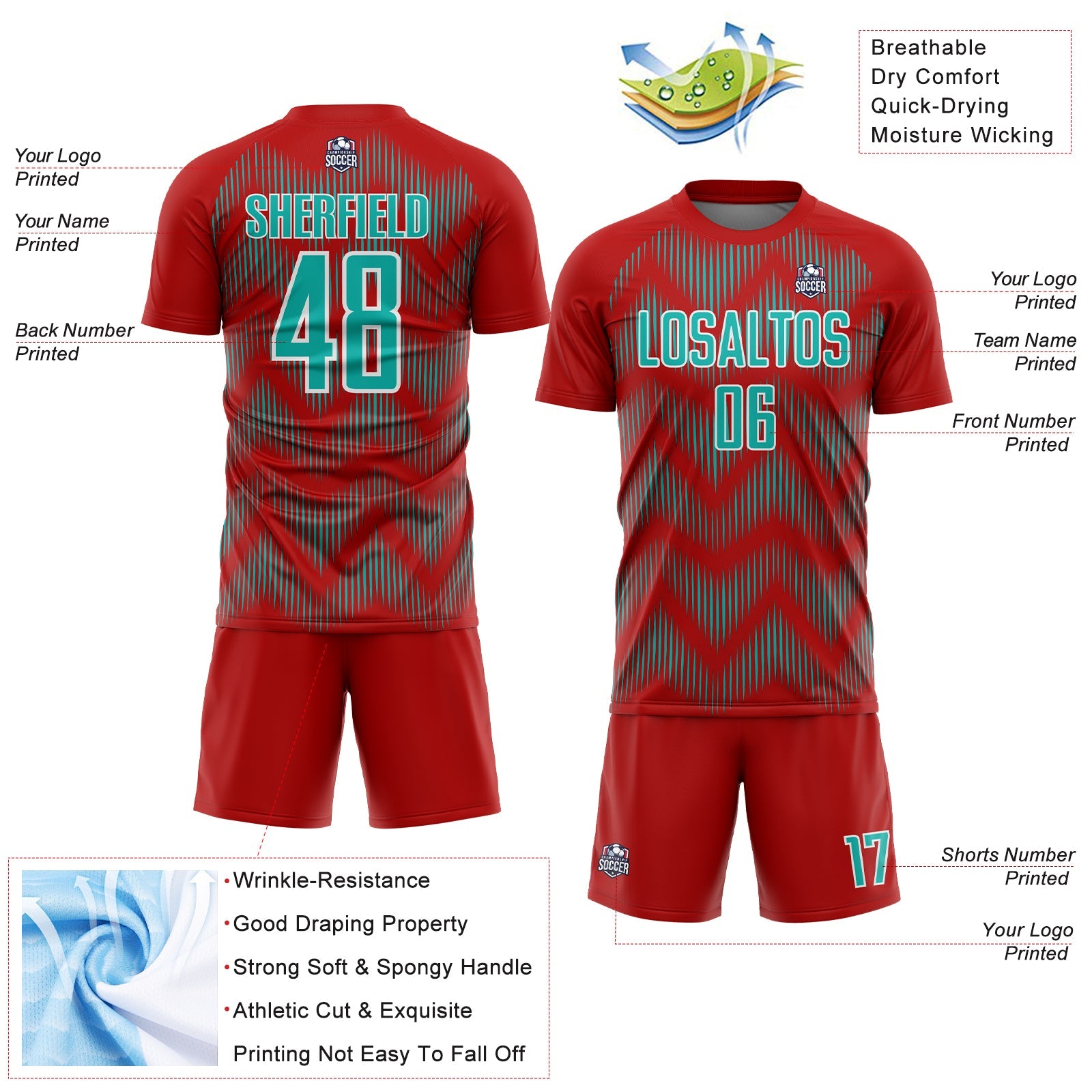 Custom Red Aqua-White Line Sublimation Soccer Uniform Jersey view 4