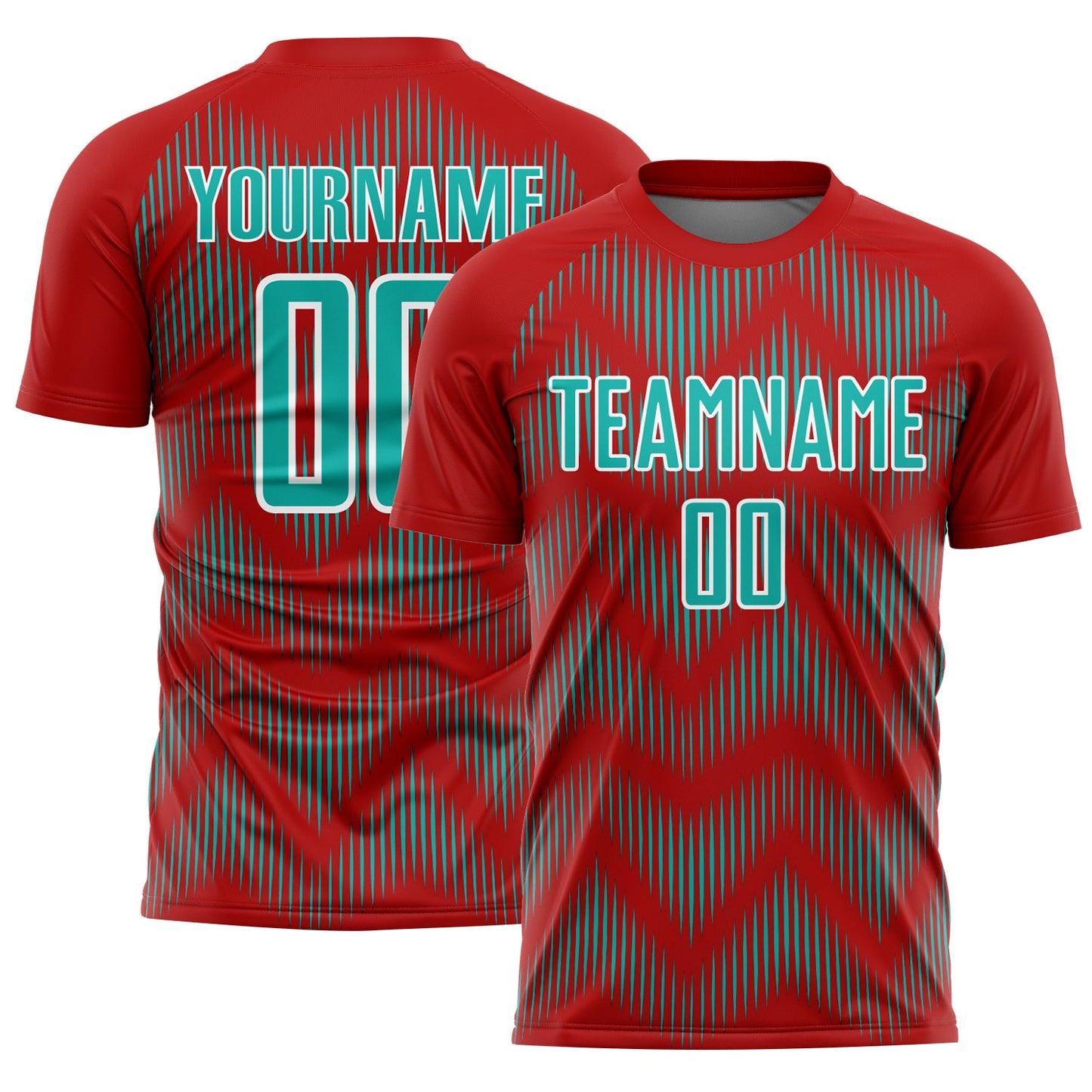 Custom Red Aqua-White Line Sublimation Soccer Uniform Jersey - Main View