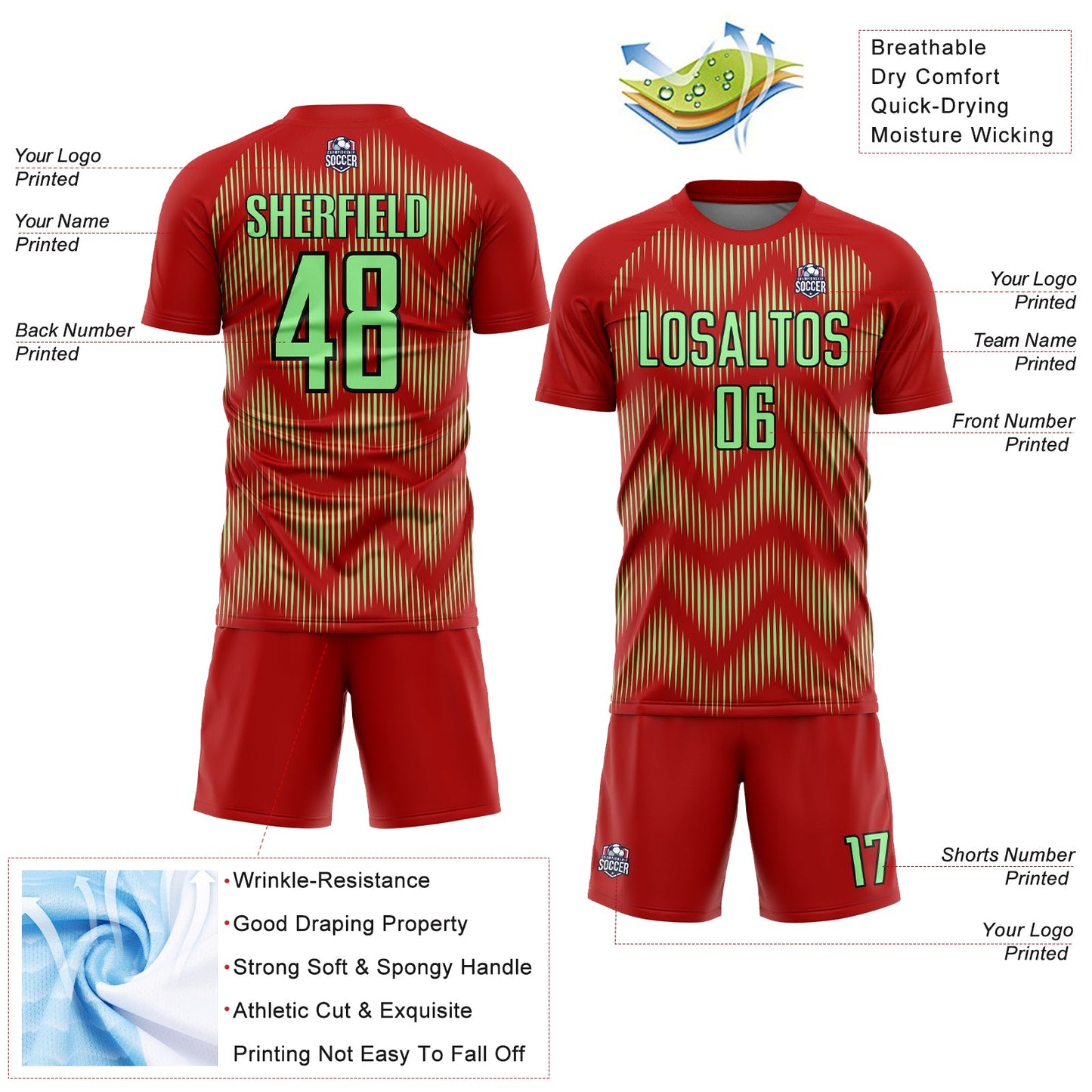 Custom Red Pea Green-Black Line Sublimation Soccer Uniform Jersey view 4
