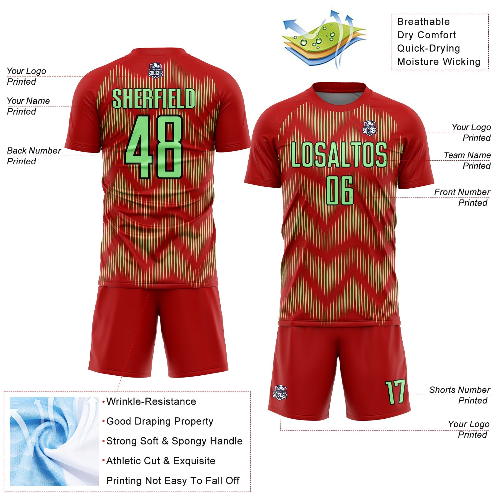 Custom Red Pea Green-Black Line Sublimation Soccer Uniform Jersey view 4