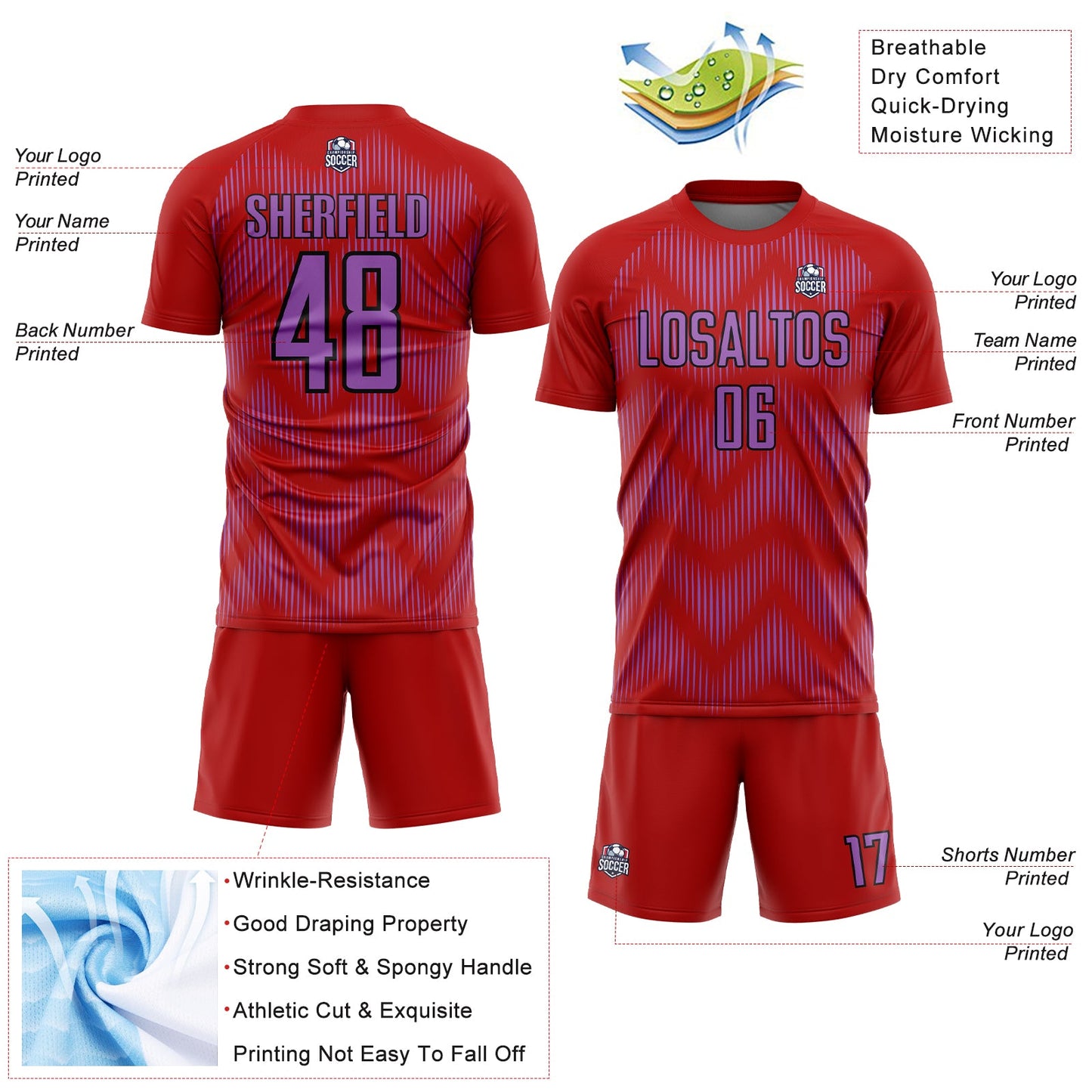 Custom Red Medium Purple-Black Line Sublimation Soccer Uniform Jersey view 4