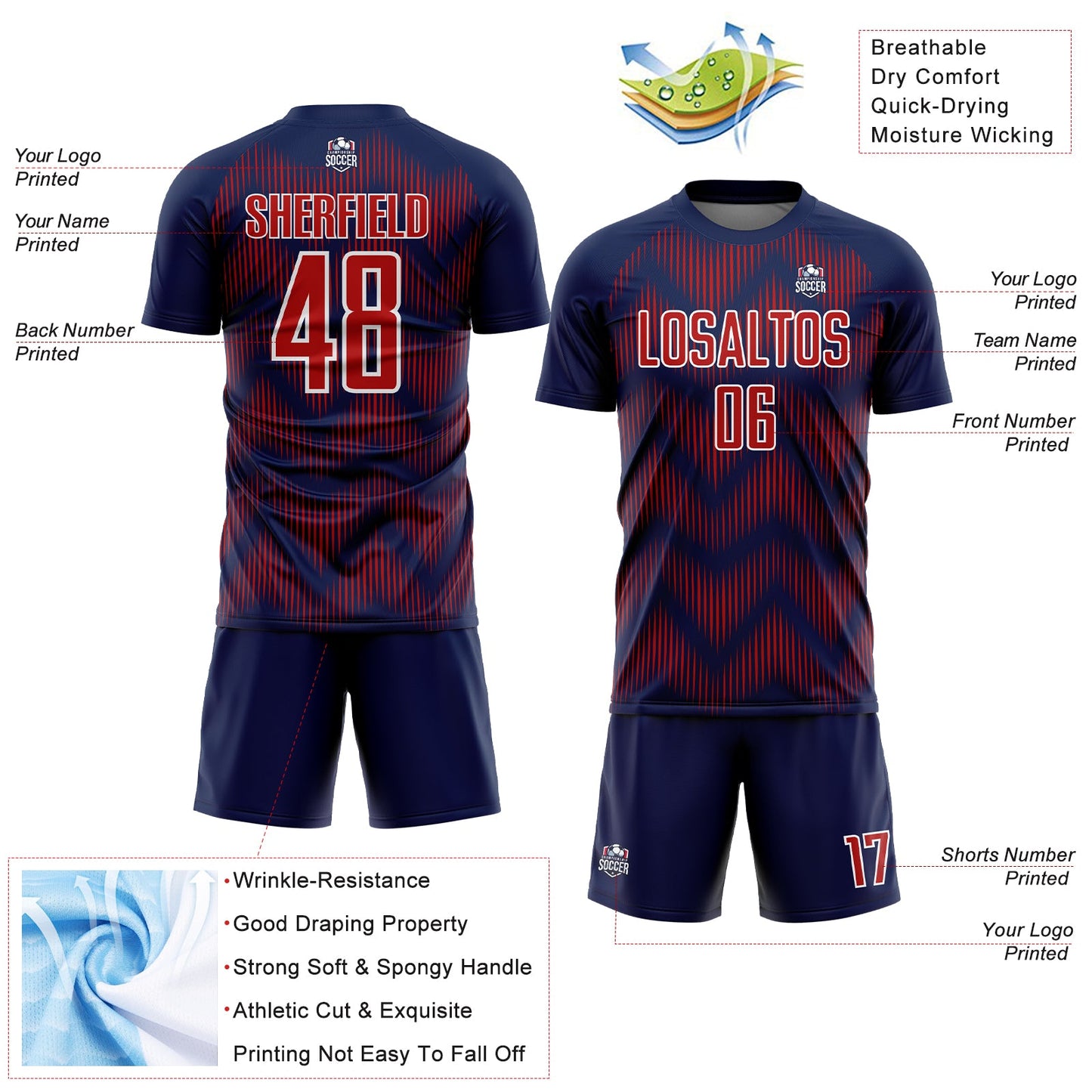 Custom Navy Red-White Line Sublimation Soccer Uniform Jersey view 4